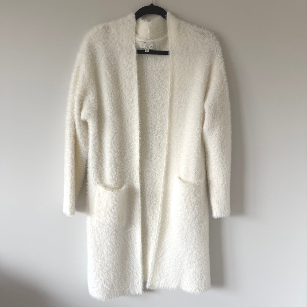 PINCH Women Cream White Fuzzy Eyelash Knit Longline Open Front Cardigan SM